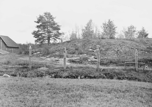 Kuva: Latokallio kuvattuna koillisesta. Vasemmalla kaivauslaue 7, keskellä alue 1 ja oikeassa laidassa alue 2. Esko Sarasmo 1939