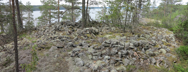 Kuva: Linnasaaren suurikokoinen lapinraunio sijaitsee korkean vedestä nousevan kallion laella, upeassa järvimaisemassa. Teemu Mökkönen 4.6.2019