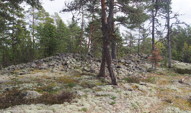 Kuva: Vähä-Harvajanniemen kalmiston kallion laella sijaitsevat isot hiidenkiukaat ajoittuvat pronssikaudelle. Teemu Mökkönen 14.5.2019
