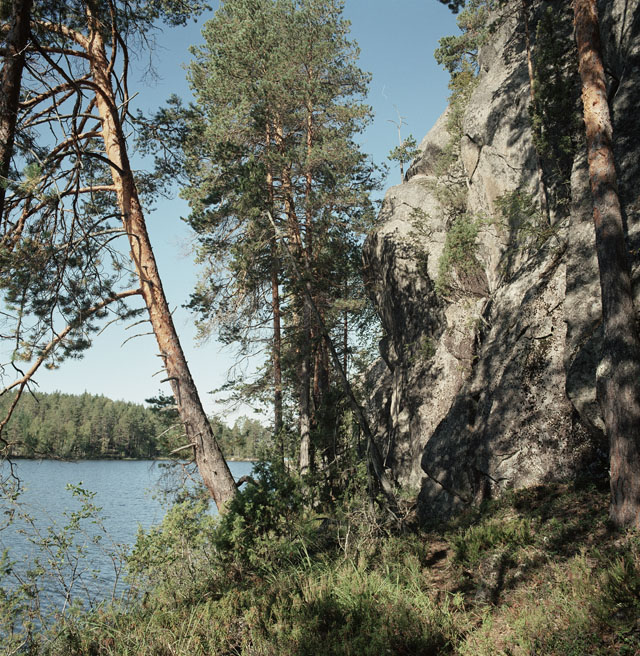 Kuva: Juvan Sarkaslammen kalliomaalaus, näkymä kohti maalauskalliota Ismo Luukkonen 2003