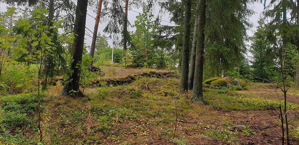 Kuva: Määksmäen kalmostalueen säilynyttä osaa etelästä (kiviaita ei kuulu kalmistoon) Teija Tiitinen 12.8.2019