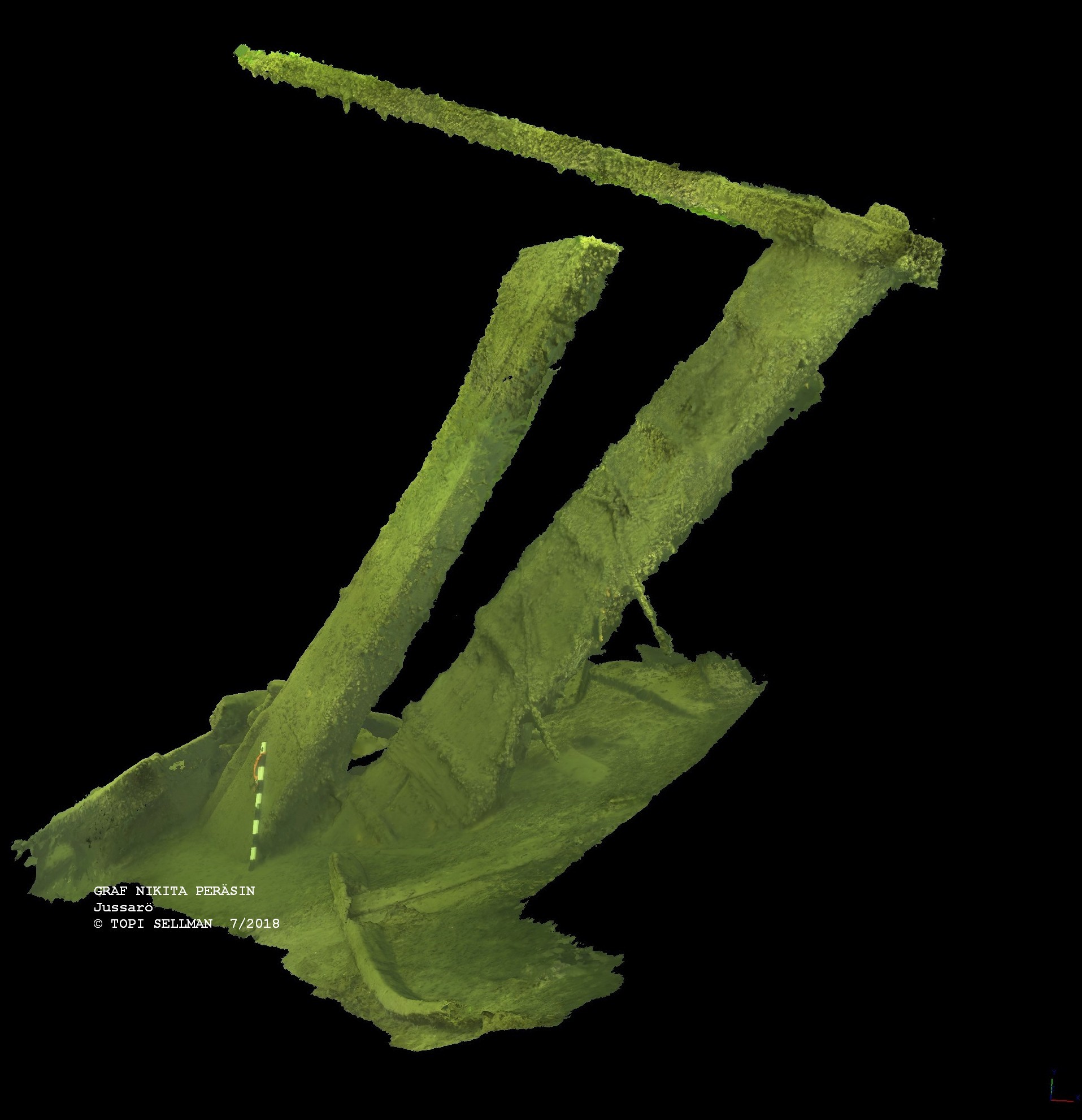 Kuva: Kuva hylyn peräsimen 3D-mallista. Copyright Topi Sellman. Kuvatiedustelut ja tilaukset osoitetaan hänelle. Topi Sellman 2018