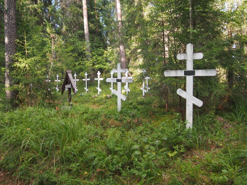 Kuva: Ölllöä Pörtsämö. Kalmistossa on eri-ikäisiä hautauksia. Uudempien hautojen ristit ja hautakivet ovat vielä hyvin pystyssä. Teemu Mökkönen 27.8.2019