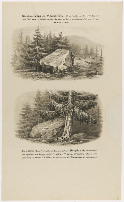 Kuva: Valtakunnan rajapyykit, Rajakankaan kivi ja Suolammen kivi Museovirasto, Historian kuvakokoelma 1810 - 1840 -luku