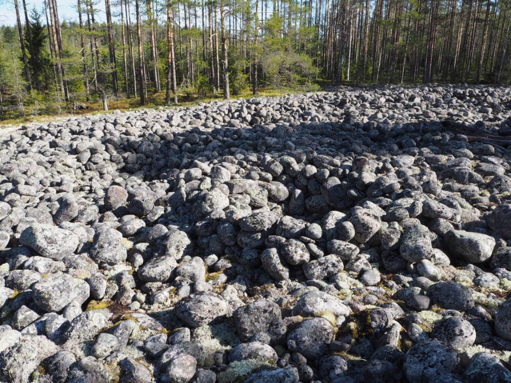 Kuva: Kalajoki Hiidenlinna. Rakassa on erilaisia kivirakenteita. Kuvassa etualalla röykkiömäinen keskuskuopparakenne ympärysvallin sisältä keskiosista. Kuvattuna kohti pohjoista. Teemu Mökkönen 28.5.2020