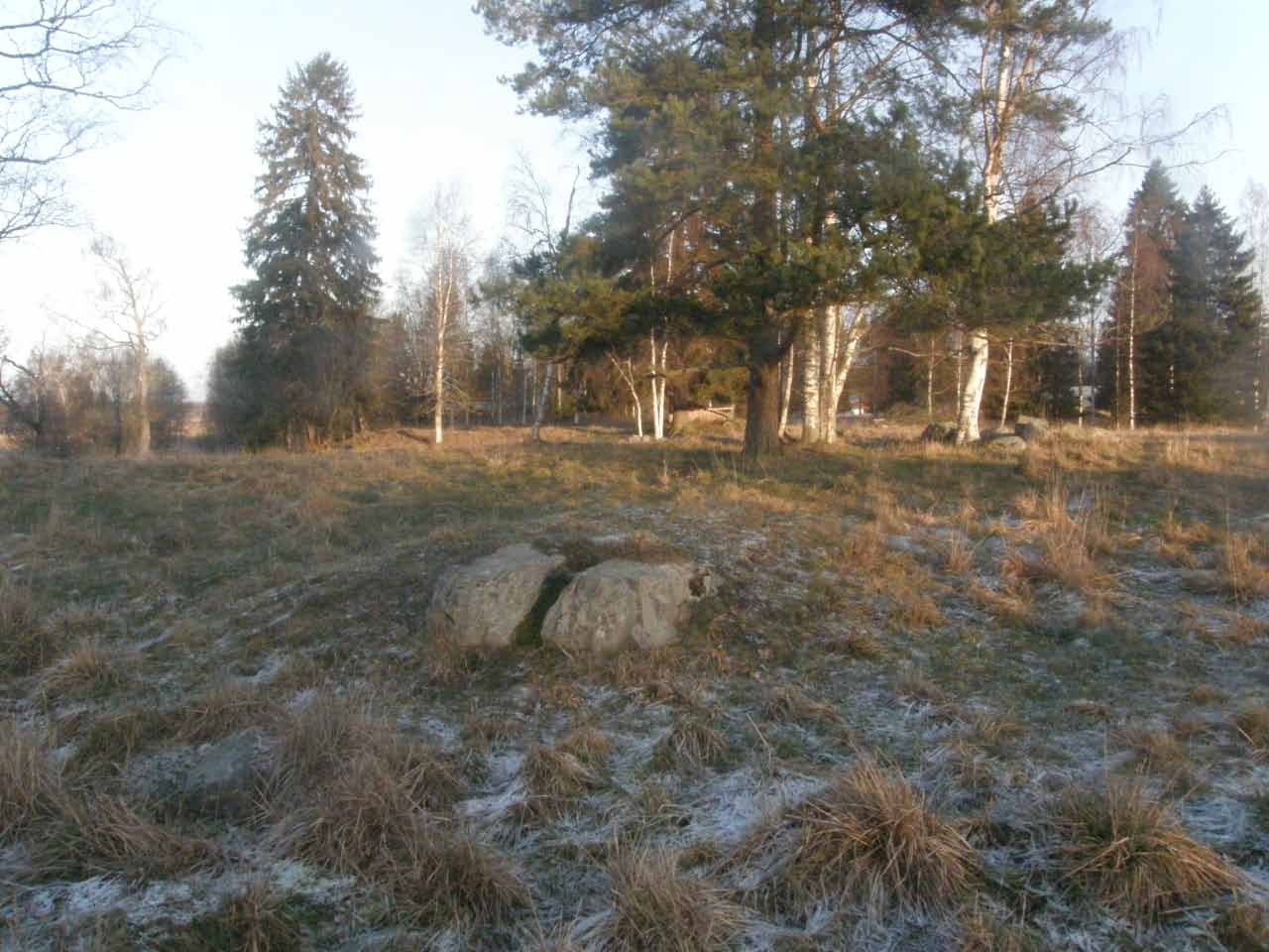 Kuva: Vuonna 1999 tutkittu röykkiö. Etualalla olevassa kivessä on mahdollisesti yksi matala kuppi. Kuvattu koilliseen.  Lahden museot / Päijät-Hämeen alueellinen vastuumuseo. CC BY 4.0 Antti Bilund 9.12.2020