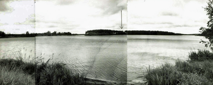 Kuva: Maisemakuva Pajasaaresta. Kuvattu lännestä. Kaivausalueen sijainti
merkitty nuolella. Helena Taskinen 1986